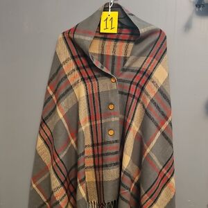 #11 Plaid Buttoned Shawl Or Scarf in Gray and Red And Fringe Bottom